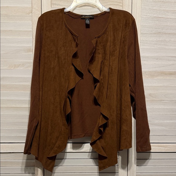 INC Faux Suede Brown Ruffled Open Cardigan. Size 1X - Picture 1 of 6